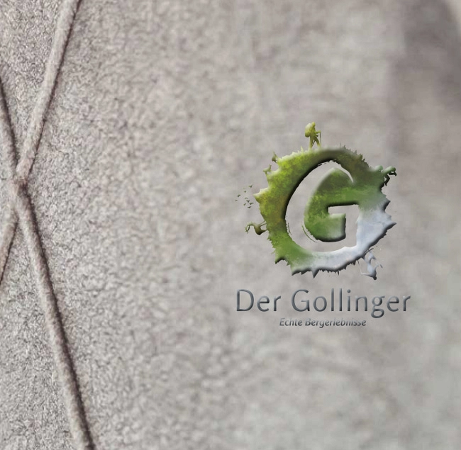 Nahaufnahme eines grauen Stoffes mit Logo von Der Gollinger.